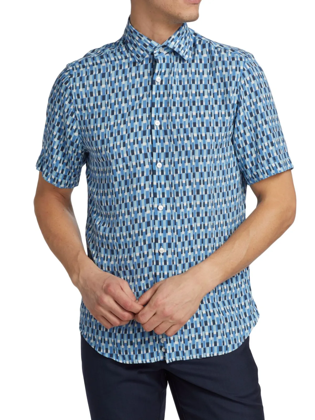 Saks Fifth Avenue Casual Button-Down Shirts|Slim Fit Geo Stripe Short Sleeved Shirt Ibiza Blue