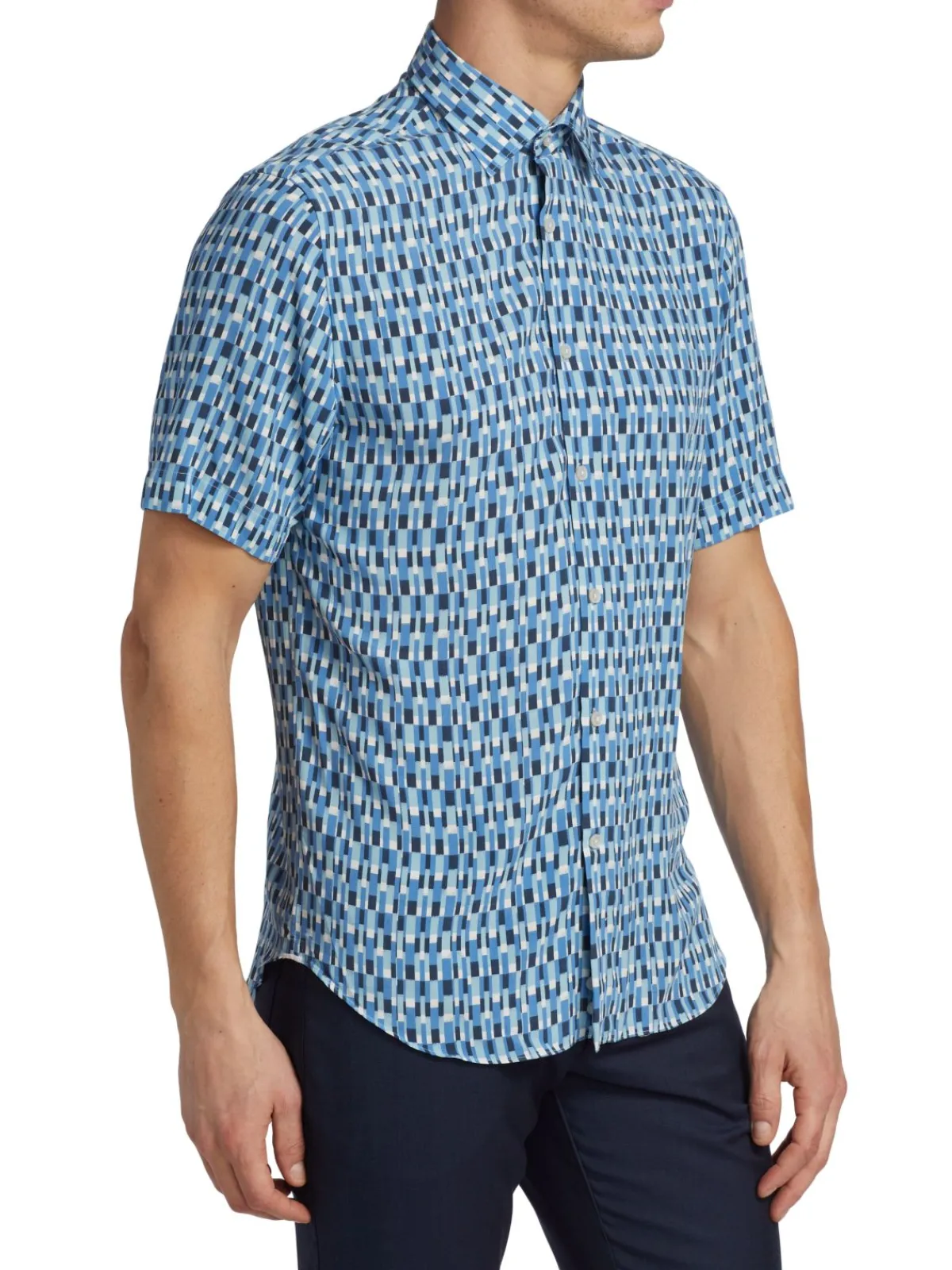Saks Fifth Avenue Casual Button-Down Shirts|Slim Fit Geo Stripe Short Sleeved Shirt Ibiza Blue