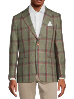 Tallia Linen|Slim Fit Plaid Linen Blazer Olive Rust