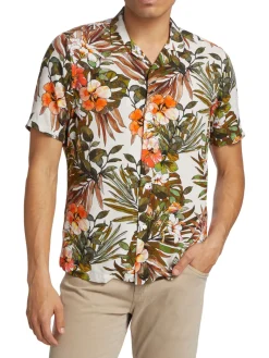 Saks Fifth Avenue Casual Button-Down Shirts|Slim Fit Tropical Print Short Sleeve Shirt Curry