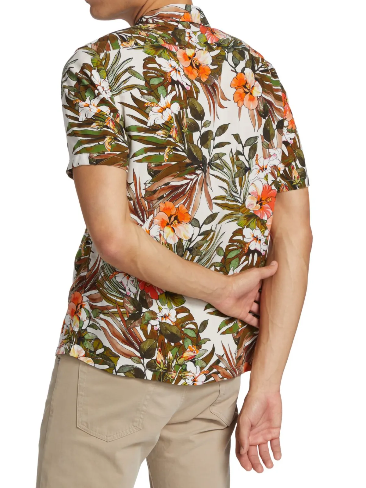 Saks Fifth Avenue Casual Button-Down Shirts|Slim Fit Tropical Print Short Sleeve Shirt Curry