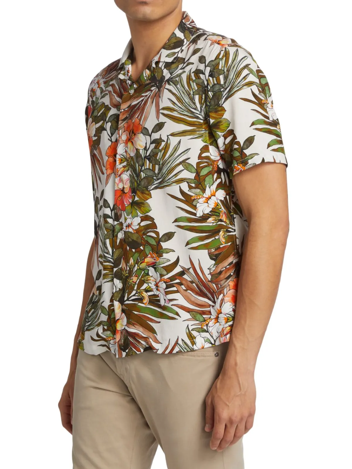 Saks Fifth Avenue Casual Button-Down Shirts|Slim Fit Tropical Print Short Sleeve Shirt Curry