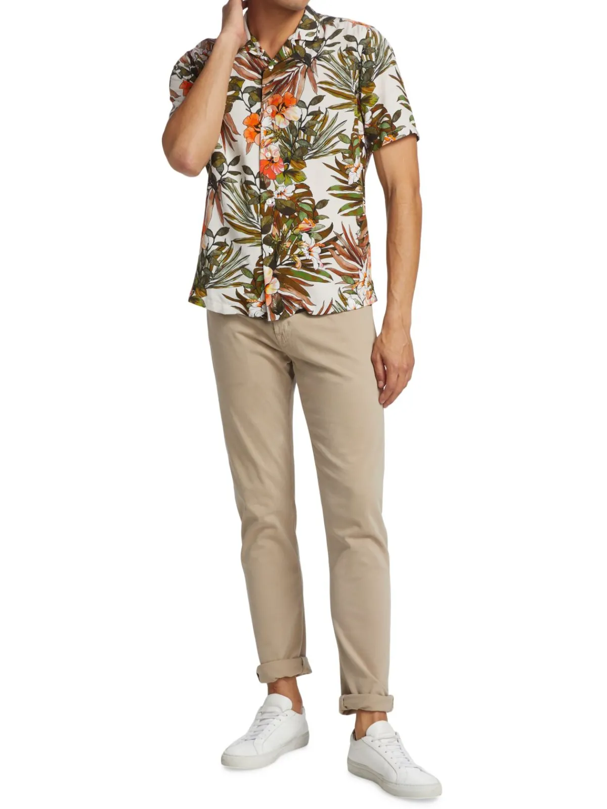 Saks Fifth Avenue Casual Button-Down Shirts|Slim Fit Tropical Print Short Sleeve Shirt Curry