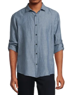 Perry Ellis Linen|Striped Linen Blend Shirt Dark Denim