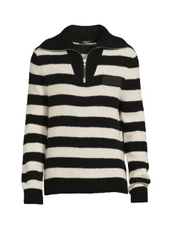 Balmain Cashmere|Striped Wool Blend Zip Up Sweater Black White