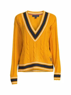 Women Tommy Hilfiger V Neck Cable Knit Varsity Sweater