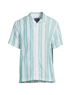 Stitch Note Linen|Vacation Striped Linen Camp Shirt Sky Blue